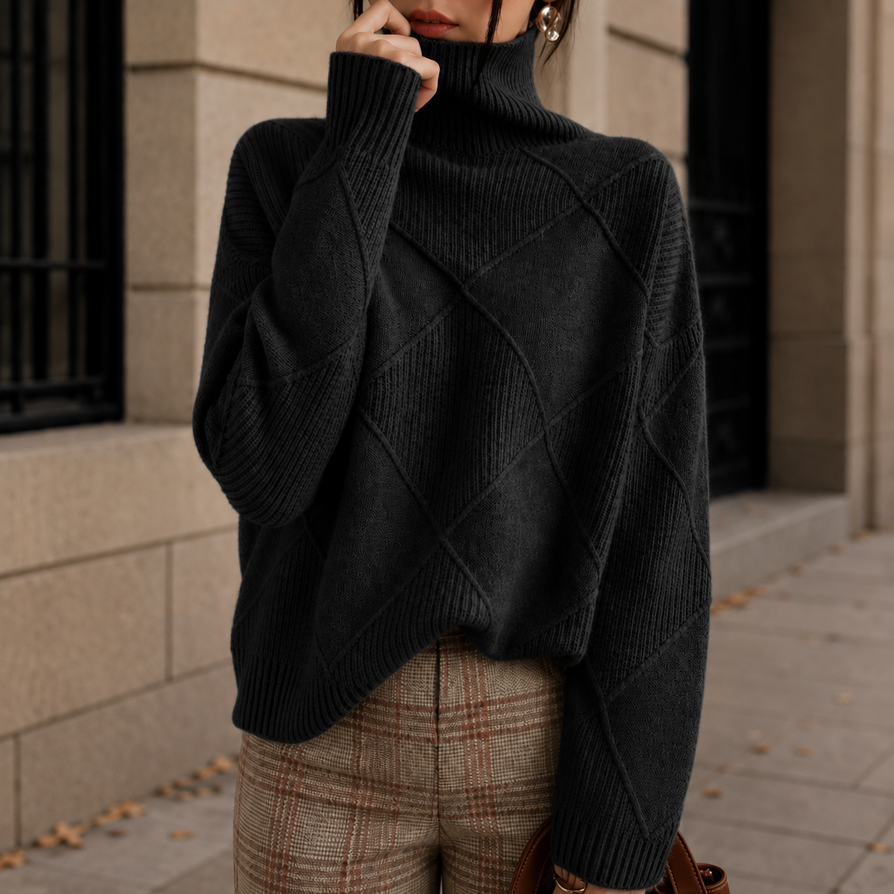 Women's Diamond Knit Turtleneck Jumper in Premium Knit Blend