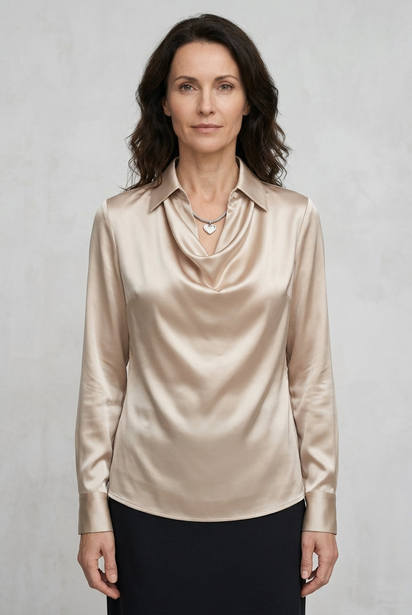 Women's Draped Satin Blouse with Tailored Long Sleeves