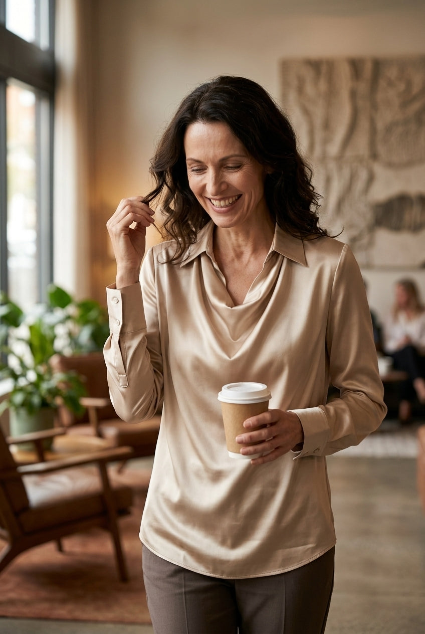 Women's Draped Satin Blouse with Tailored Long Sleeves