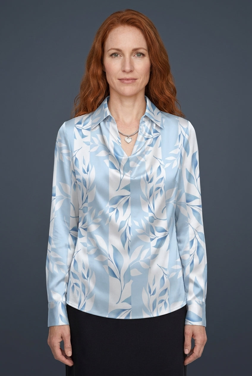 Women's Draped Satin Blouse with Tailored Long Sleeves