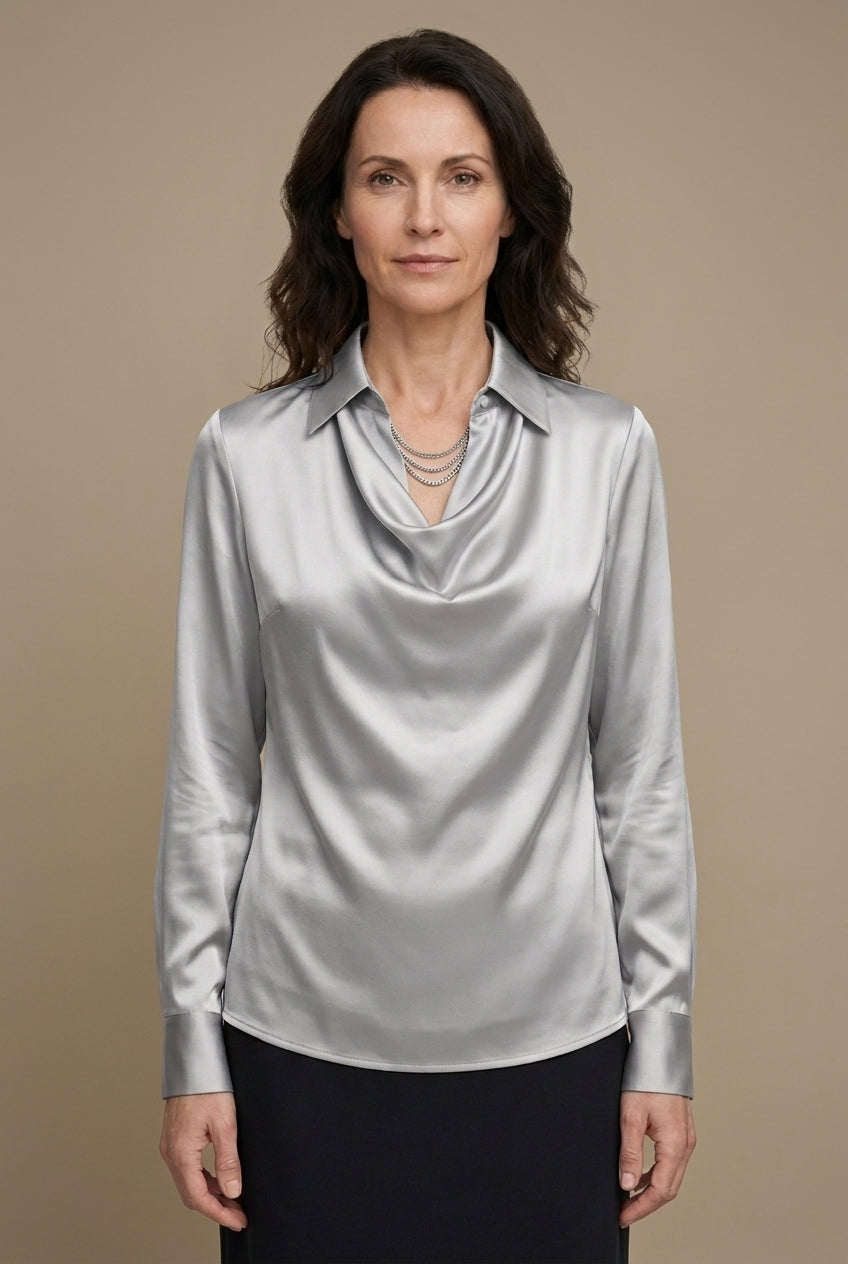 Women's Draped Satin Blouse with Tailored Long Sleeves
