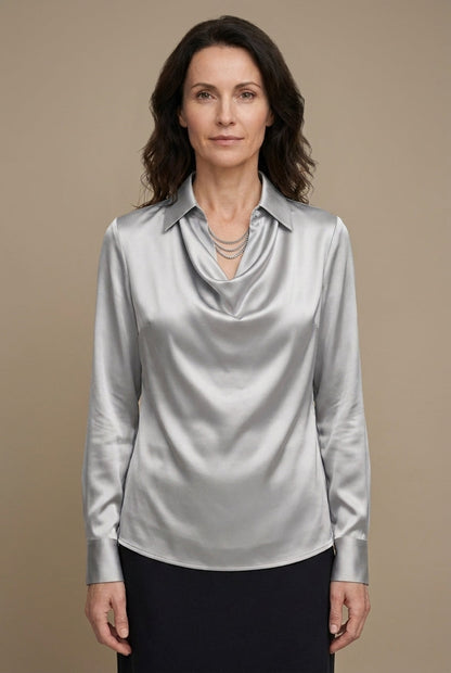 Women's Draped Satin Blouse with Tailored Long Sleeves