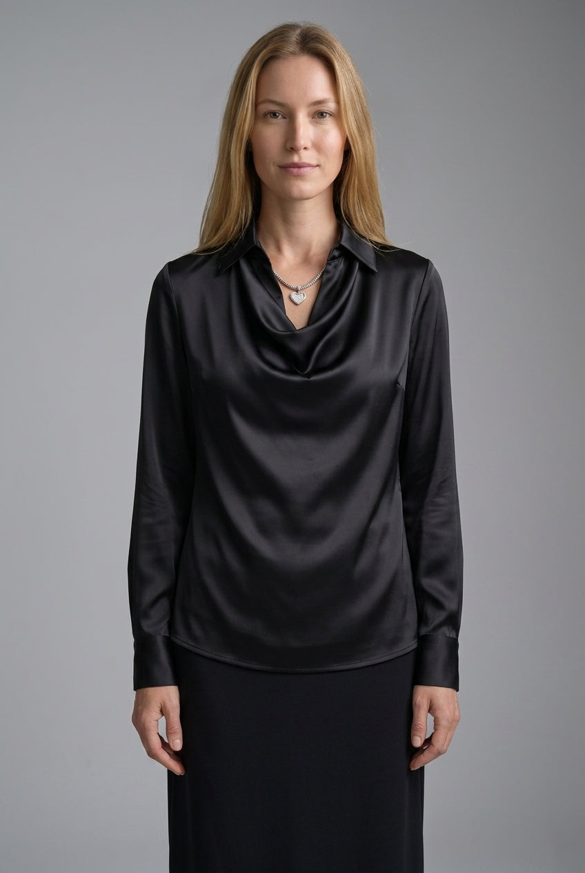 Women's Draped Satin Blouse with Tailored Long Sleeves