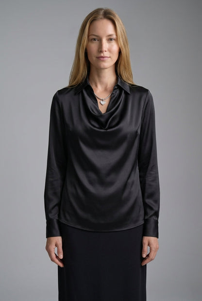 Women's Draped Satin Blouse with Tailored Long Sleeves