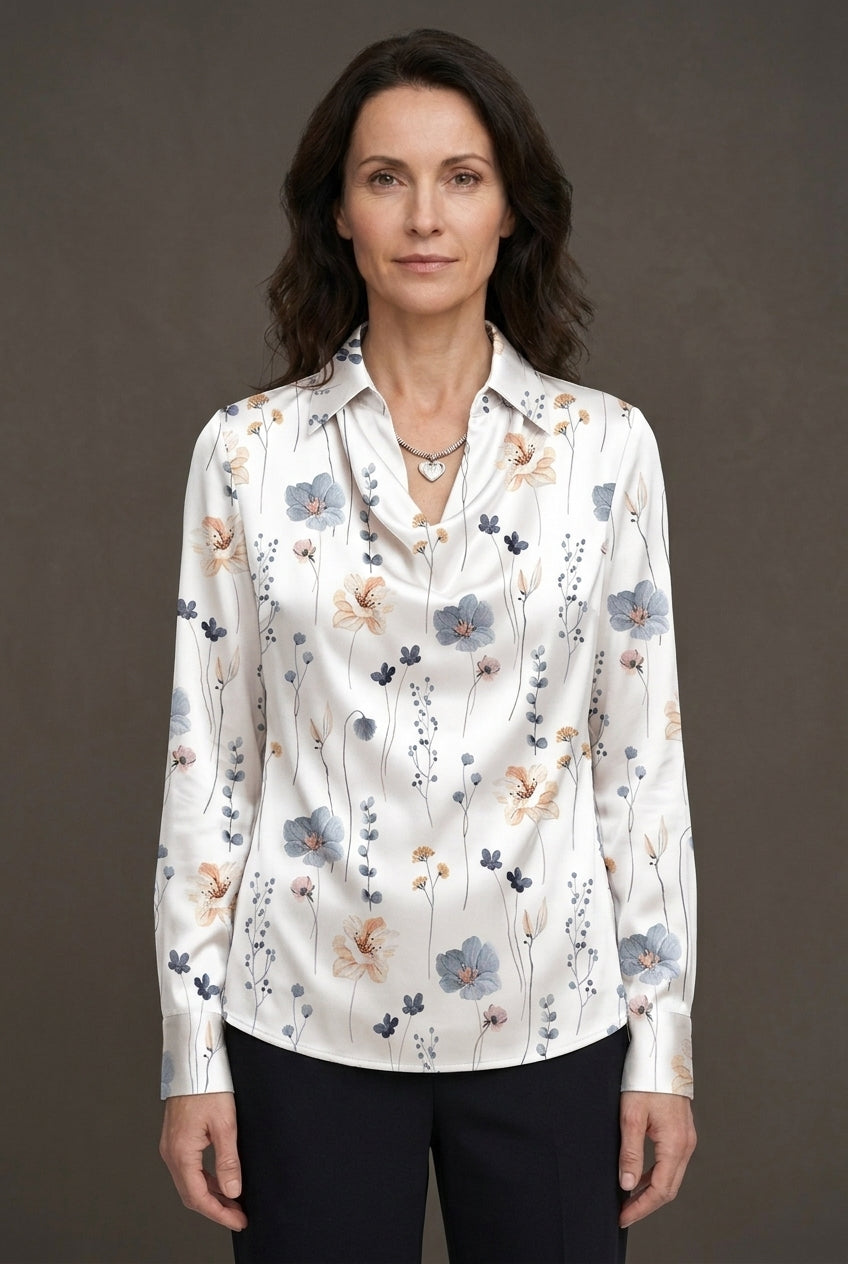 Women's Draped Satin Blouse with Tailored Long Sleeves