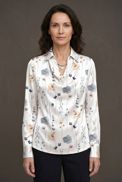 Women's Draped Satin Blouse with Tailored Long Sleeves