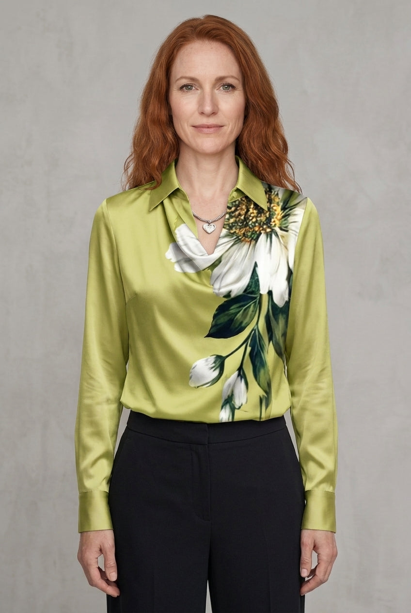 Women's Draped Satin Blouse with Tailored Long Sleeves