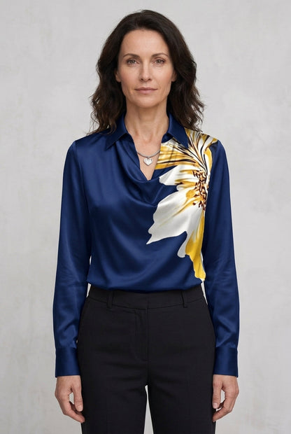 Women's Draped Satin Blouse with Tailored Long Sleeves