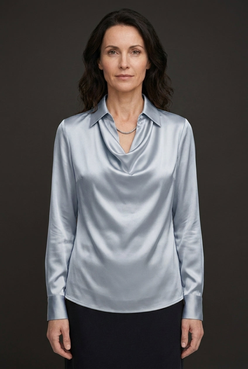 Women's Draped Satin Blouse with Tailored Long Sleeves