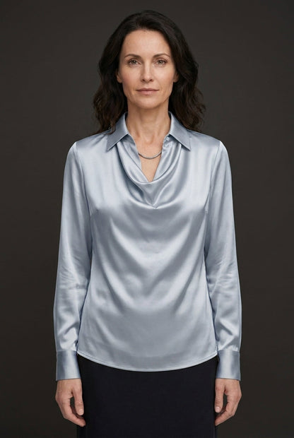 Women's Draped Satin Blouse with Tailored Long Sleeves