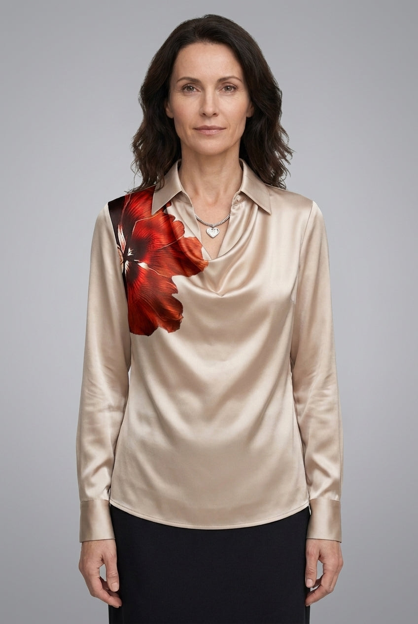 Women's Draped Satin Blouse with Tailored Long Sleeves