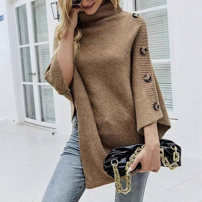 Women's Elegant Knit Poncho with High Collar and Decorative Buttons