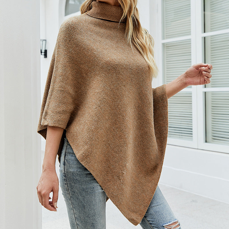 Women's Elegant Knit Poncho with High Collar and Decorative Buttons