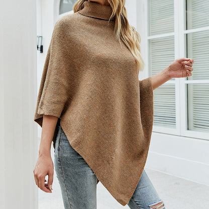 Women's Elegant Knit Poncho with High Collar and Decorative Buttons
