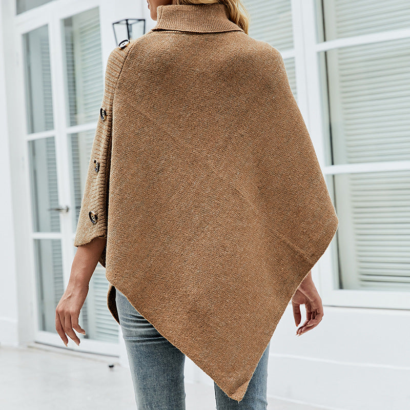 Women's Elegant Knit Poncho with High Collar and Decorative Buttons