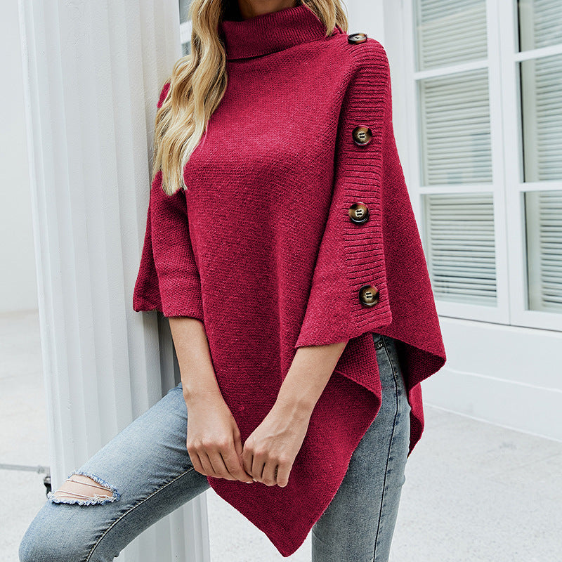 Women's Elegant Knit Poncho with High Collar and Decorative Buttons