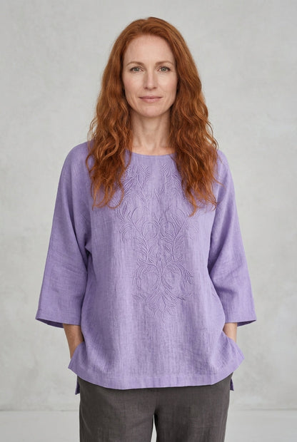 Women's Embroidered Crew Neck Blouse with 3/4 Sleeves