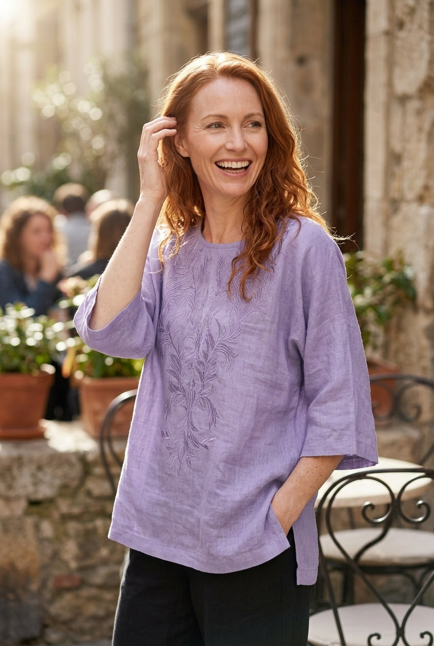 Women's Embroidered Crew Neck Blouse with 3/4 Sleeves
