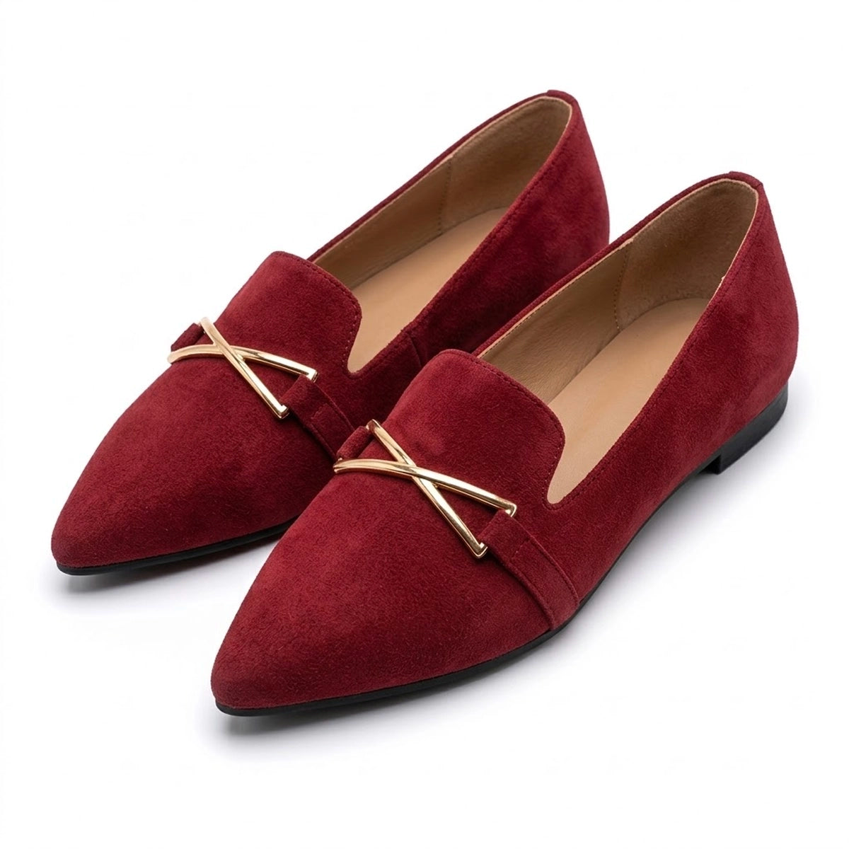 Women's Flat Pointed Shoes with Metallic Crossbar Detail