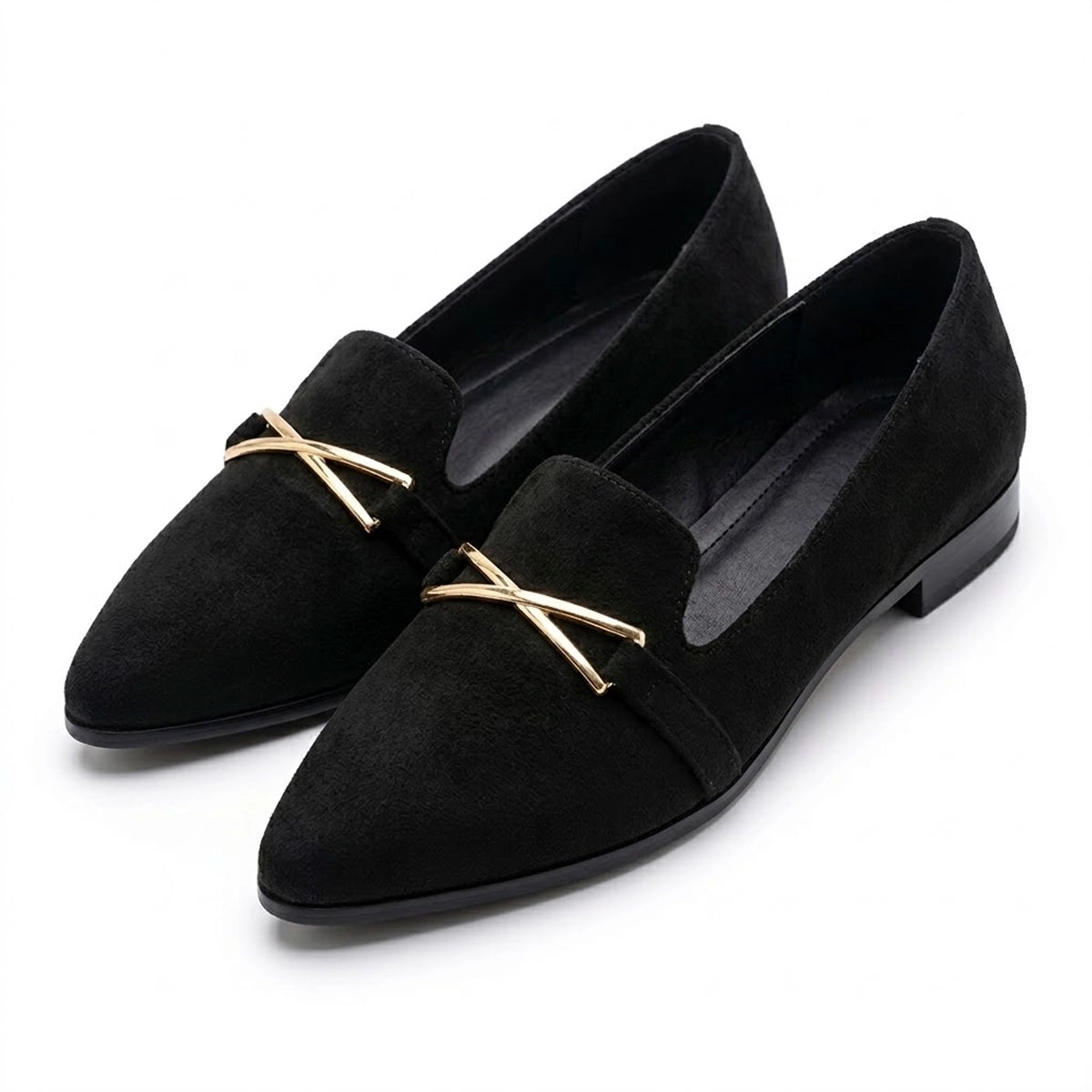 Women's Flat Pointed Shoes with Metallic Crossbar Detail