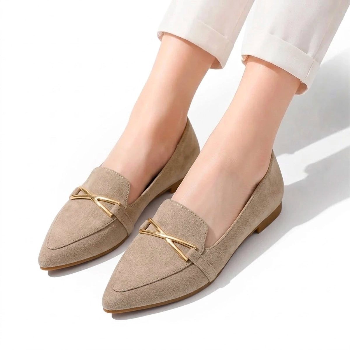 Women's Flat Pointed Shoes with Metallic Crossbar Detail
