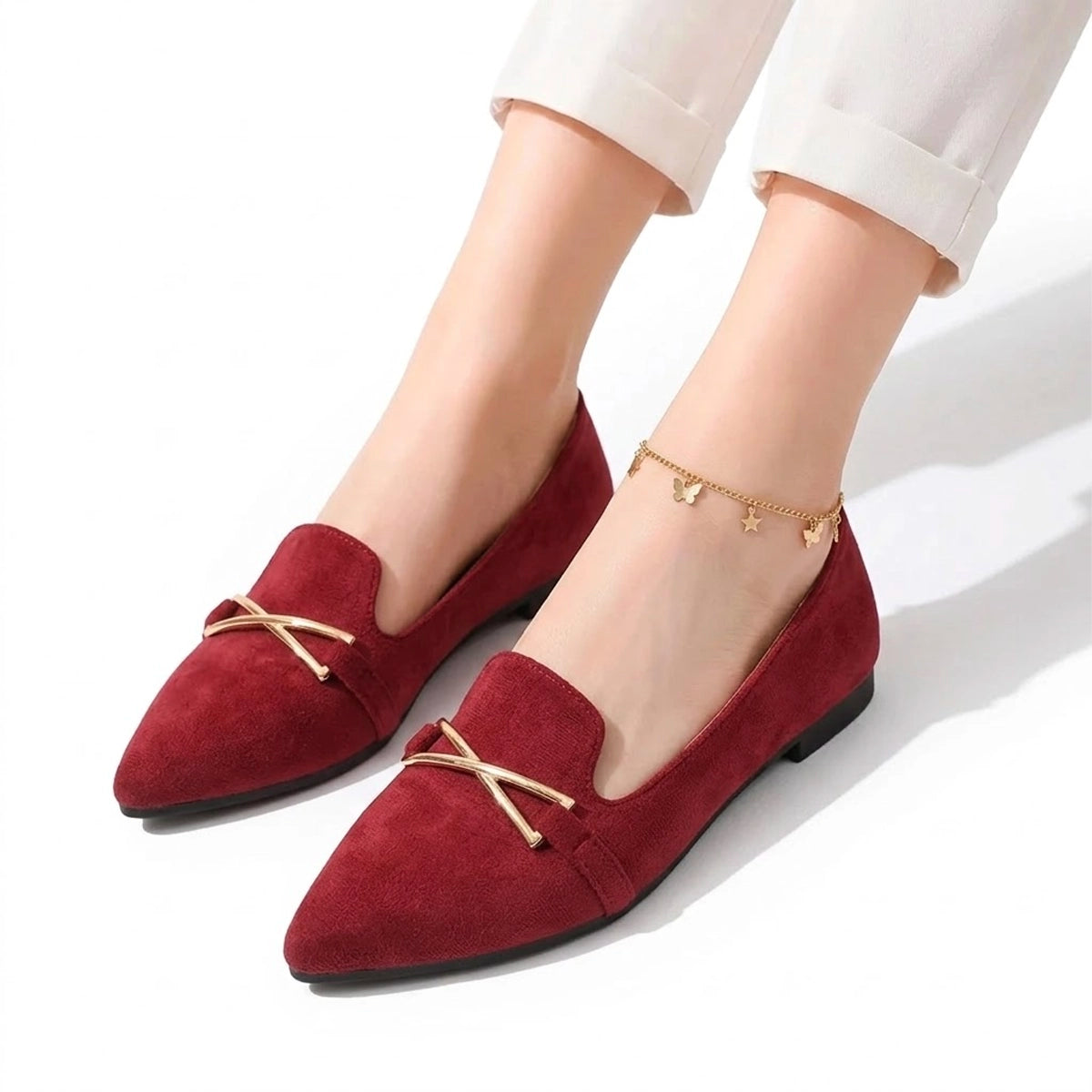 Women's Flat Pointed Shoes with Metallic Crossbar Detail