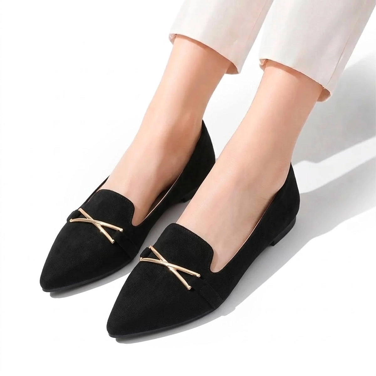 Women's Flat Pointed Shoes with Metallic Crossbar Detail