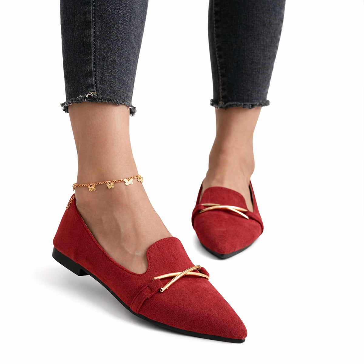 Women's Flat Pointed Shoes with Metallic Crossbar Detail