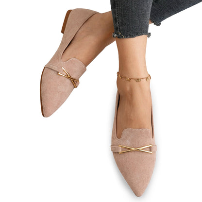 Women's Flat Pointed Shoes with Metallic Crossbar Detail