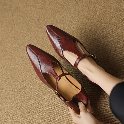 Women's Flat T-Strap Shoes with Pointed Toe Design