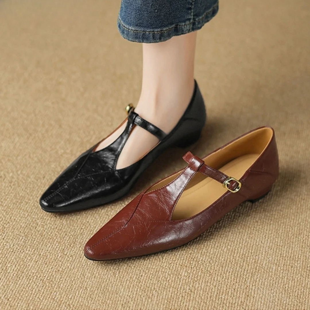 Women's Flat T-Strap Shoes with Pointed Toe Design