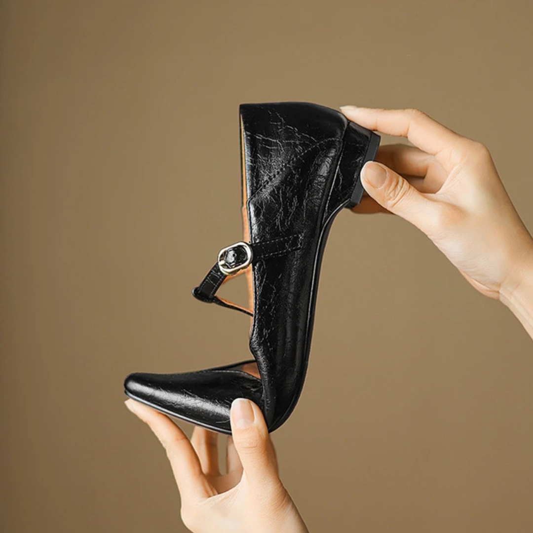 Women's Flat T-Strap Shoes with Pointed Toe Design