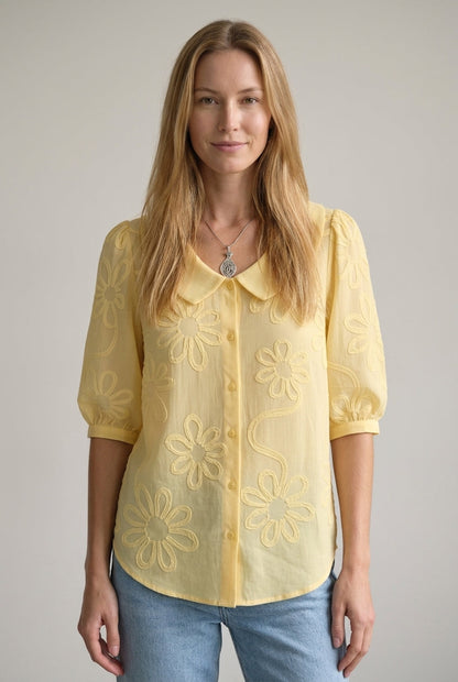 Women's Floral Blouse with Button-Down Front and Short Sleeves