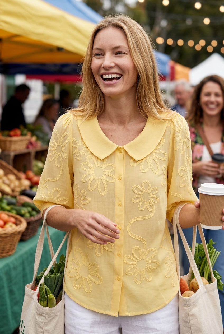 Women's Floral Blouse with Button-Down Front and Short Sleeves