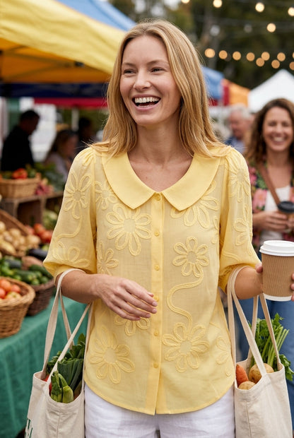 Women's Floral Blouse with Button-Down Front and Short Sleeves