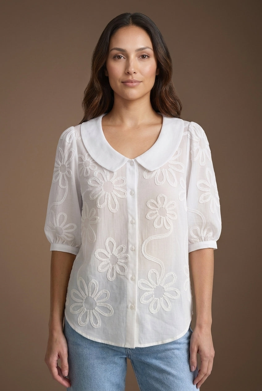 Women's Floral Blouse with Button-Down Front and Short Sleeves