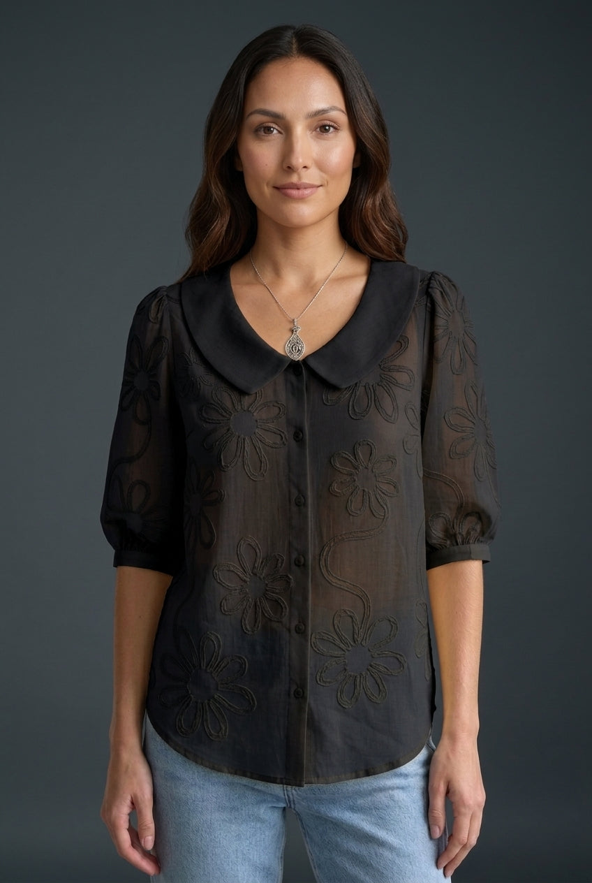 Women's Floral Blouse with Button-Down Front and Short Sleeves