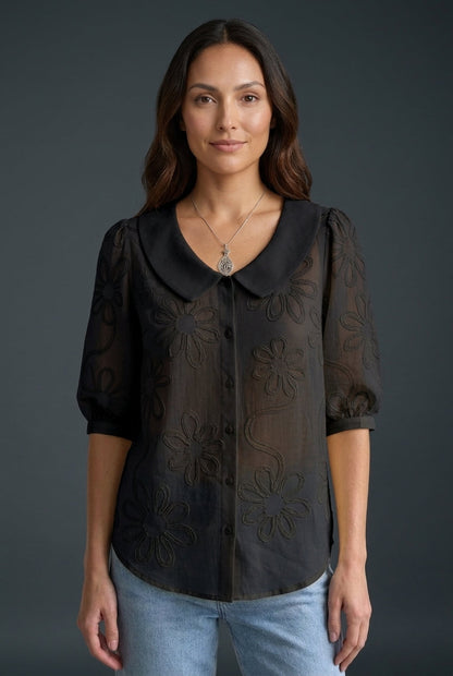 Women's Floral Blouse with Button-Down Front and Short Sleeves