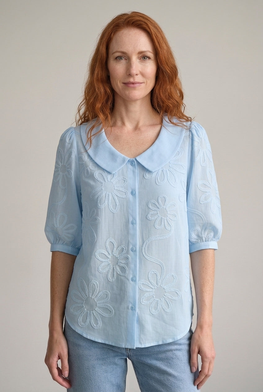 Women's Floral Blouse with Button-Down Front and Short Sleeves