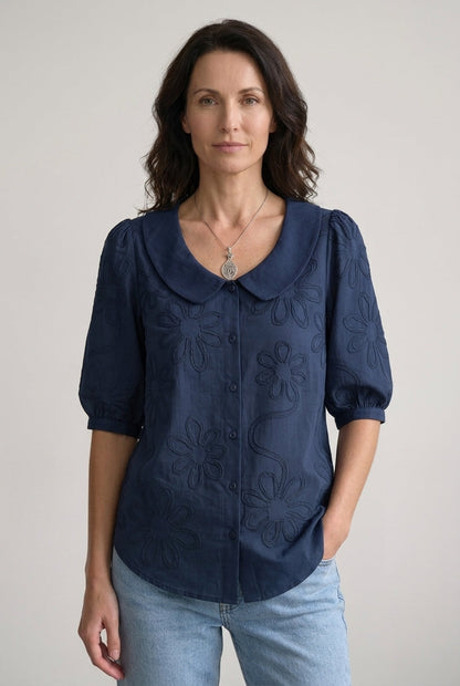 Women's Floral Blouse with Button-Down Front and Short Sleeves