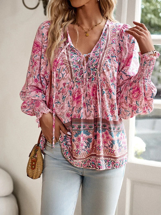 Women's Floral Blouse with Ruffle Cuffs and Elegant Style