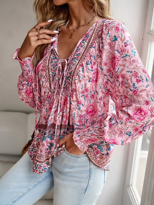 Women's Floral Blouse with Ruffle Cuffs and Elegant Style