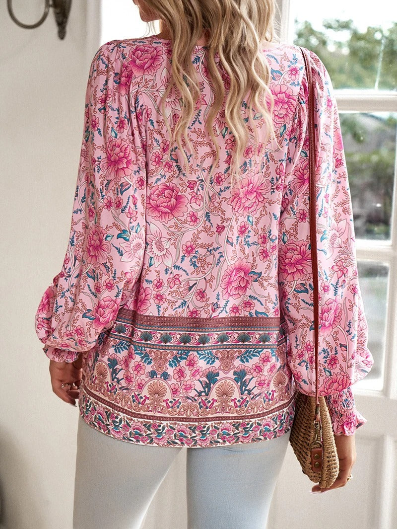 Women's Floral Blouse with Ruffle Cuffs and Elegant Style
