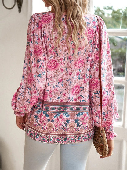 Women's Floral Blouse with Ruffle Cuffs and Elegant Style