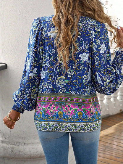 Women's Floral Blouse with Ruffle Cuffs and Elegant Style