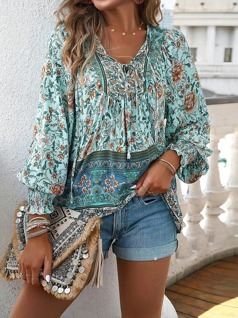 Women's Floral Blouse with Ruffle Cuffs and Elegant Style