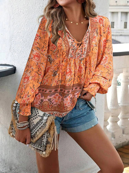 Women's Floral Blouse with Ruffle Cuffs and Elegant Style