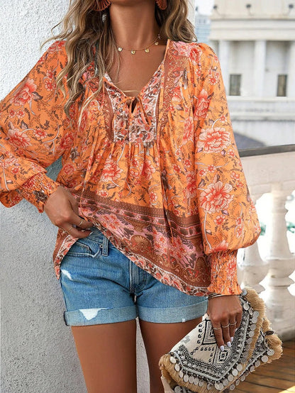 Women's Floral Blouse with Ruffle Cuffs and Elegant Style