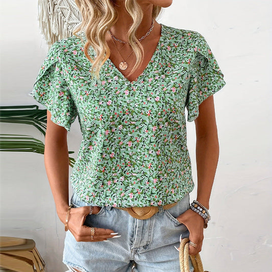 Women's Floral Blouse with Ruffle Sleeves for Summer