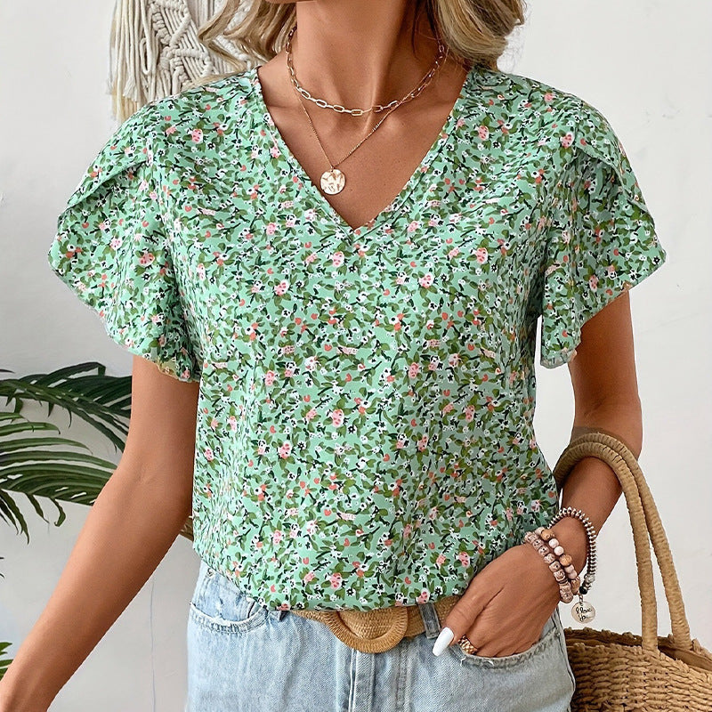 Women's Floral Blouse with Ruffle Sleeves for Summer